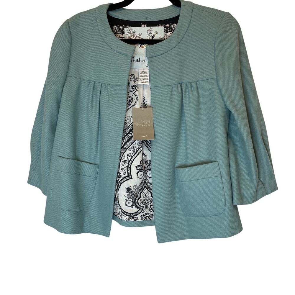 Tabitha Anthropologie Cape/Jacket Size 2 Turquoise Wool Blend 3/4 Sleeve NWT